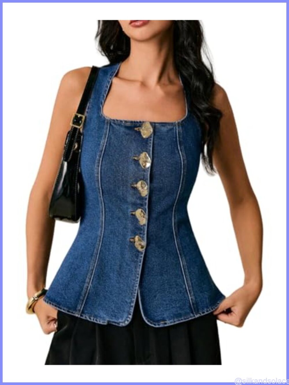 Denim Tank Top Sleeveless Square Neck Slim Fit Jean Vest Button Front
